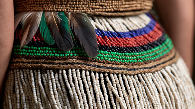 Close-up of traditional dance regalia featuring layered beadwork, feathers and woven textiles, intricate handcrafted details, cultural craftsmanship, studio detail photography,