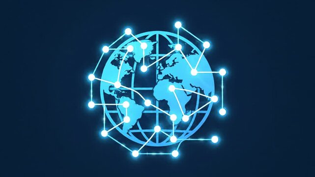 Blue digital globe icon with world map on dark background