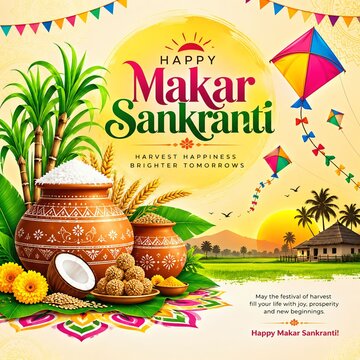 Happy makar sankranti festival background with traditional kite sweets and sugar cane festival india harvest festi