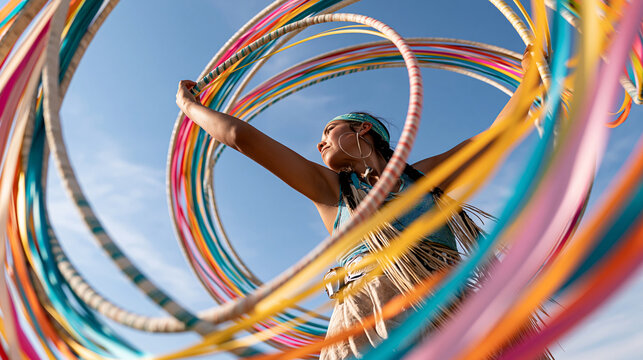 Colorful hoop dancer performing beneath an open sky, multiple circular hoops creating geometric shapes, vibrant movement, cultural celebration, dynamic photography, with copy space