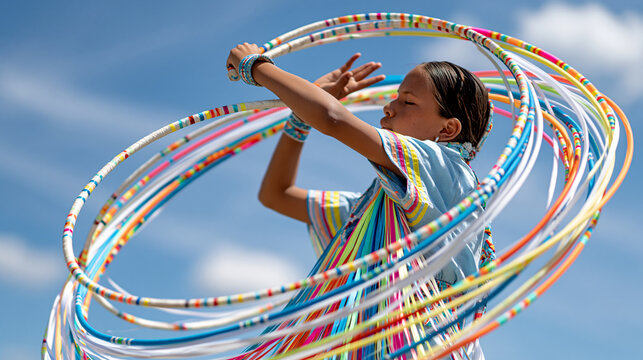 Colorful hoop dancer performing beneath an open sky, multiple circular hoops creating geometric shapes, vibrant movement, cultural celebration, dynamic photography, with copy space