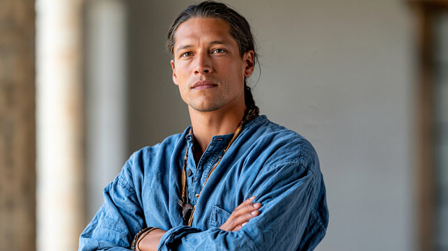 Indigenous man with braided hair and handcrafted jewelry standing confidently against a soft neutral background, contemporary cultural portrait, authentic identity, professional