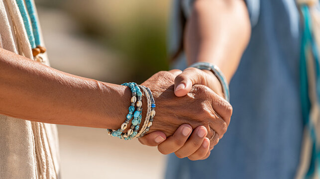 Indigenous grandmother and granddaughter holding hands while wearing handcrafted jewelry, intimate intergenerational moment, soft natural lighting, cultural heritage, family