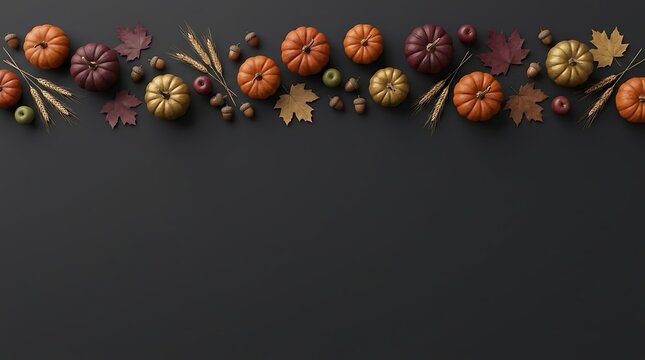 Autumn harvest border with pumpkins and leaves on black background