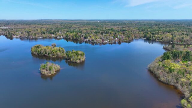 Norton Reservoir aerial view in spring in town of Norton, Bristol County, Massachusetts MA, USA. 