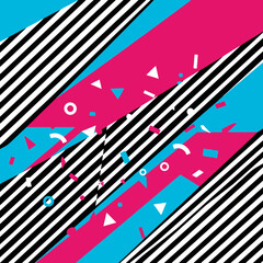 Obraz premium Abstract geometric pattern with diagonal stripes and confetti in pink, blue, and black and white.