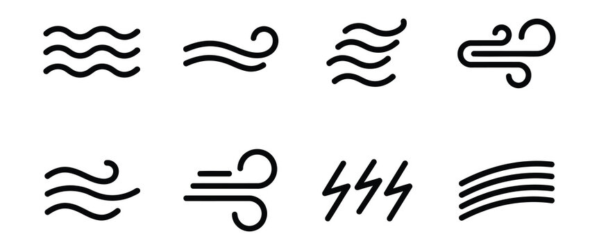 Collection of wind and air flow motion line icons with meteorology movement abstract atmosphere