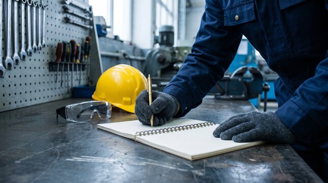 Industrial worker wearing blue coveralls writing notes in a workshop setting
