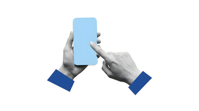 Hands holding smartphone with blank screen isolated on white background