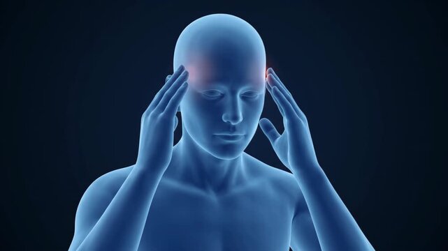 Blue human 3d model holding head with glowing red headache pain