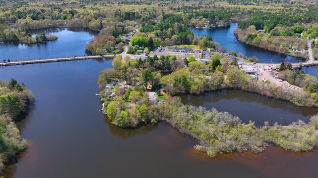 Norton Reservoir aerial view in spring in town of Norton, Bristol County, Massachusetts MA, USA. 