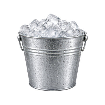 Galvanized metal bucket filled with clear ice cubes and covered with cold condensation droplets, isolated on a pure white background. Silver steel beverage cooler with transparent ice, detailed wet 