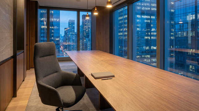 Executive Office Meeting Room With City Skyline View at Dusk Luxury Interior