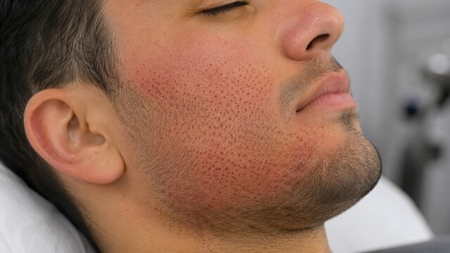 Close-up of man with irritated red skin after shaving showing razor burn and skin sensitivity
