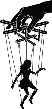 Black and white silhouette of a woman controlled like a puppet by unseen hands