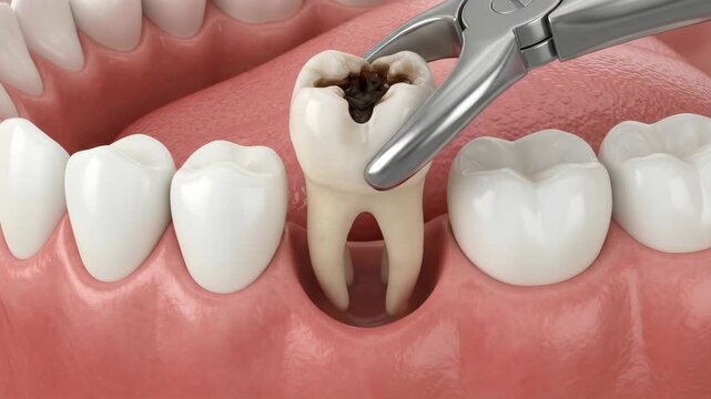 Forceps pulling out a rotten tooth causing toothache pain