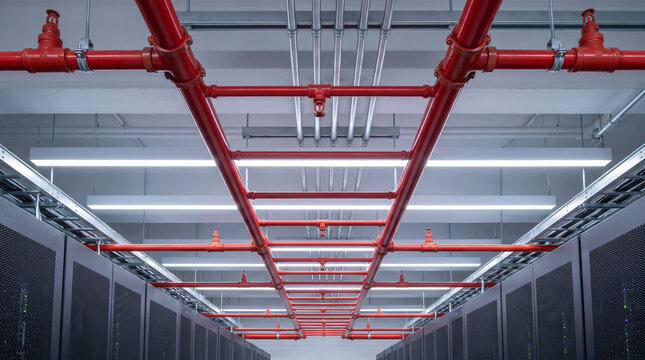 Data Center Fire Suppression Pipes Above Secure Server Room Infrastructure