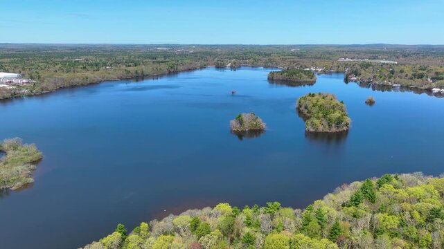 Norton Reservoir aerial view in spring in town of Norton, Bristol County, Massachusetts MA, USA. 