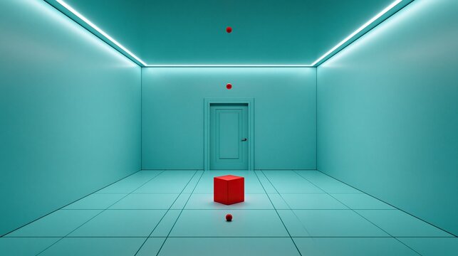 Surreal minimalist empty turquoise room with scattered striking red geometric shapes creating modern abstract conceptual interior art design