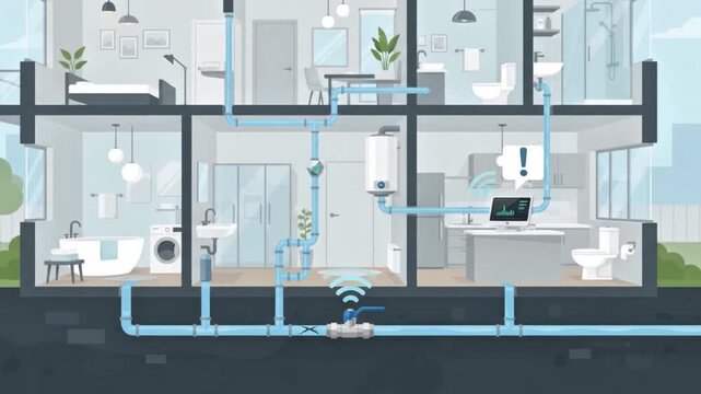 Smart home plumbing system motion graphics loop showing water pipes in a house cross section