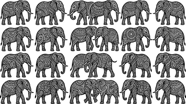 Black and white ornate mandala elephant vector illustration set with intricate ethnic patterns