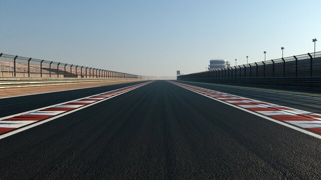 Empty straight asphalt motor racing circuit starting grid track with red and white edge markings leading towards control tower under clear sky