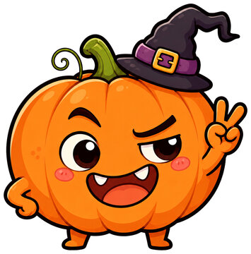 The mischievous witch's pumpkin is giving a peace sign.