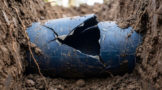 Broken blue plastic pipe laying in a deep dirt trench during excavation work for municipal utility repair and infrastructure maintenance services concept.