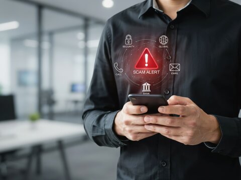 A Person Holding A Smartphone Displaying A Digital Cyber Security Scam Alert