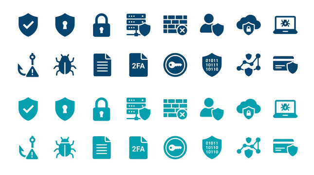 Network security and data threat detection icons set featuring blue and teal flat web safety elements.