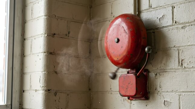 Fire Alarm Bell Mounted on White Brick Wall in Emergency Safety System