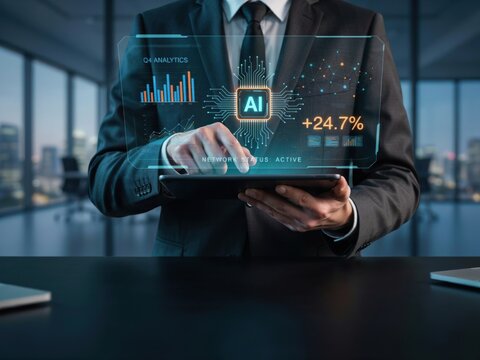 Business Professional Interacting With Advanced Artificial Intelligence Data Analytics On Digital Interface