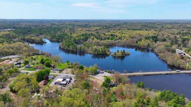 Norton Reservoir aerial view in spring in town of Norton, Bristol County, Massachusetts MA, USA. 