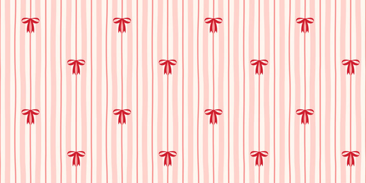 Cute pastel pink striped seamless pattern with red bows. Vertical irregular lines background. Valentine day or holidays. Coquette soft print for textile, fabric and wrapping paper. Vector illustration