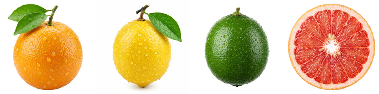 Citrus fruits in a row with droplets, including fresh orange, lemon, green lime, and pink grapefruit slice on an isolated white surface for healthy food design and diet concepts