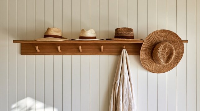 Assorted woven straw sun hats displayed on solid oak wooden coat rack with shelf on off white paneled wall in modern cozy coastal entryway