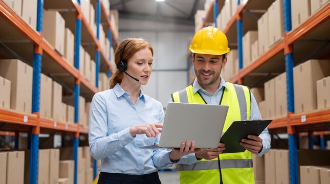 Logistics manager with headset and warehouse worker with laptop reviewing inventory data among tall shelves for supply chain efficiency and distribution management.