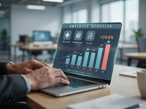 Business Professional Analyzing Employee Benefits Data Dashboard on a Modern Laptop Screen