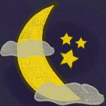 Animated night sky with crescent moon, stars, and moving clouds