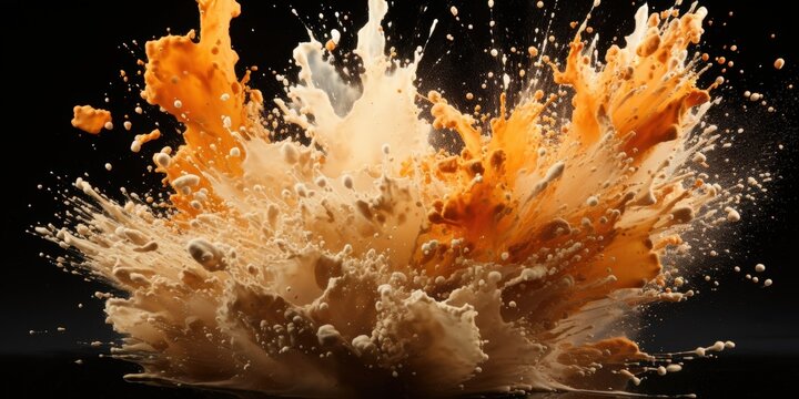 A dramatic explosion of creamy white and orange liquid, frozen in time, creating a swirling vortex of color and texture.