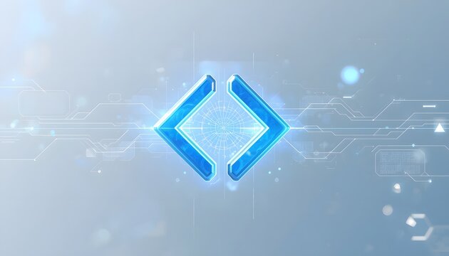Glowing blue coding brackets icon representing software development and digital data technology.