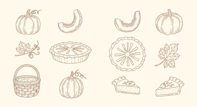 Vintage autumn harvest vector collection, hand drawn pumpkin and pie illustrations, rustic thanksgiving icons for seasonal branding
