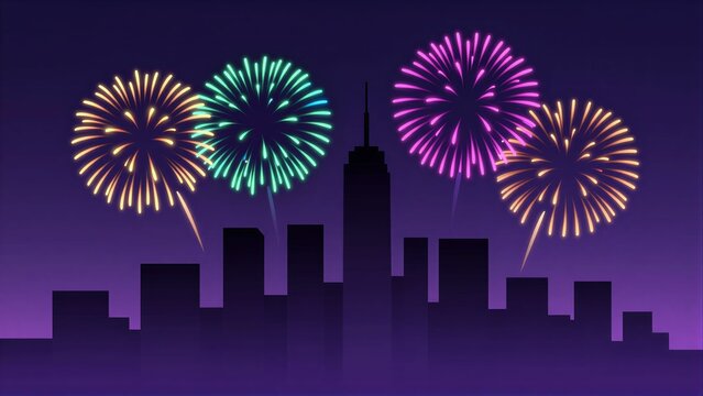 Vibrant fireworks exploding over a nighttime city skyline at dusk