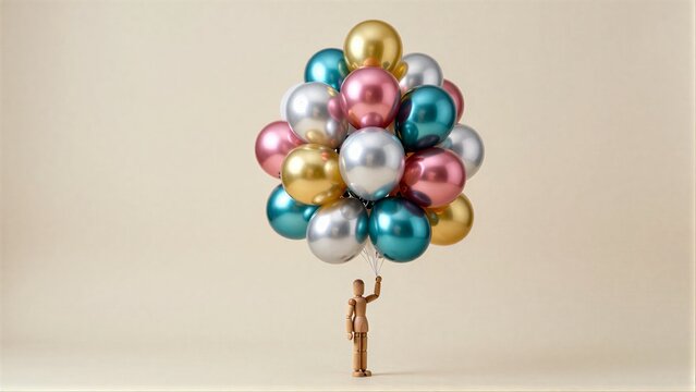 A person stands holding a large bouquet of colorful balloons
