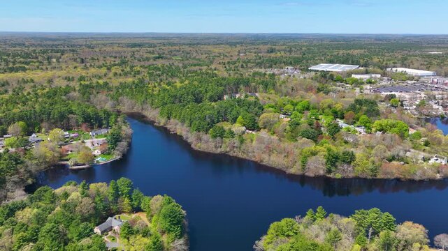 Norton Reservoir aerial view in spring in town of Norton, Bristol County, Massachusetts MA, USA. 