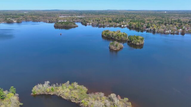 Norton Reservoir aerial view in spring in town of Norton, Bristol County, Massachusetts MA, USA. 