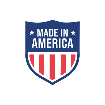 Made in America shield badge with stars and stripes design. American made product badge emblem with patriotic flag.