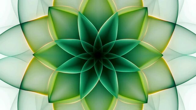 Fractal floral mandala with layered green geometric petals creates an intricate symmetrical pattern on white backdrop.