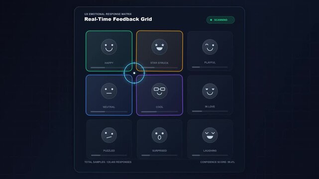 Digital grid displays emotional feedback icons. Each icon represents a distinct human expression. Centered icon glows to highlight selection. User selects mood through touch interface