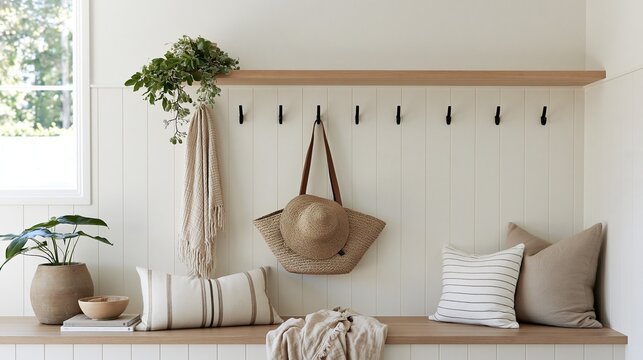 Modern minimalist entryway interior with neutral warm decor, hooks on paneled wall, woven straw bag, cushions, potted plants and wooden bench